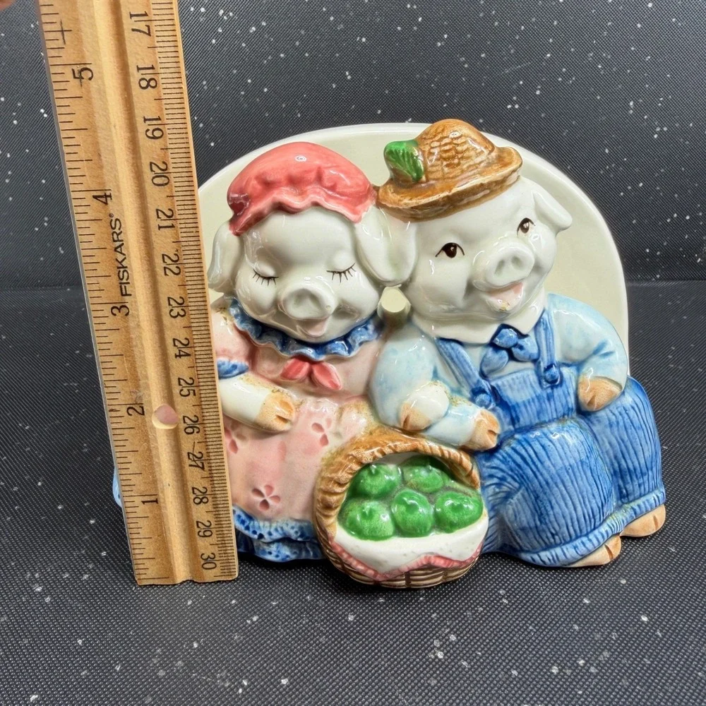 Vintage Otagiri Japan Ceramic Pig Couple Napkin Holder Hand Painted Farmhouse